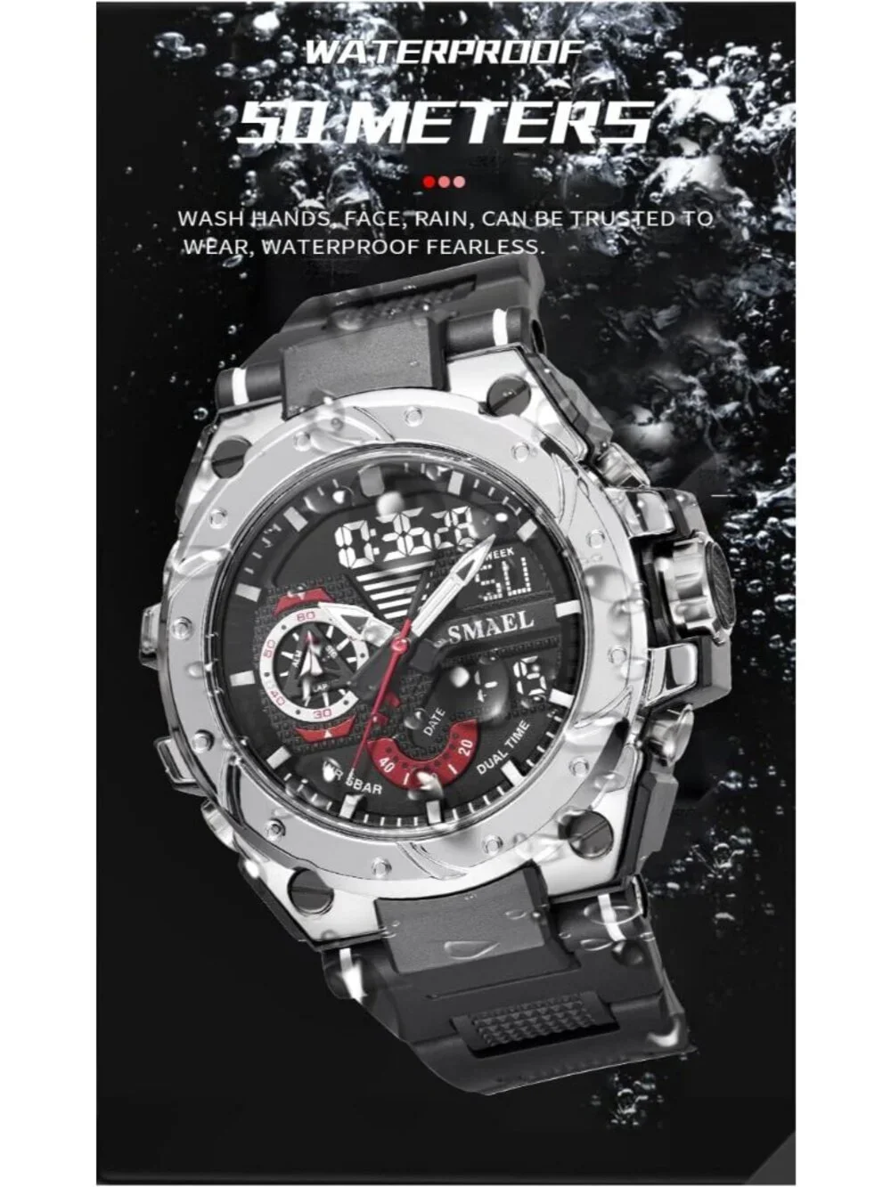 Mens Black And Silver Analog Quartz Sport Waterproof Military LED Digital Watch